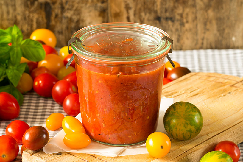 Verse tomatensaus in een weckpotje.