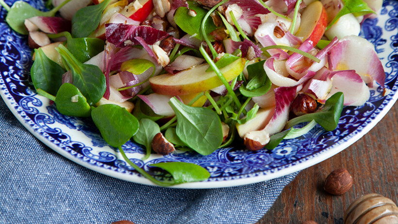 Wintersalade met postelein, appel, roodlof en hazelnoot