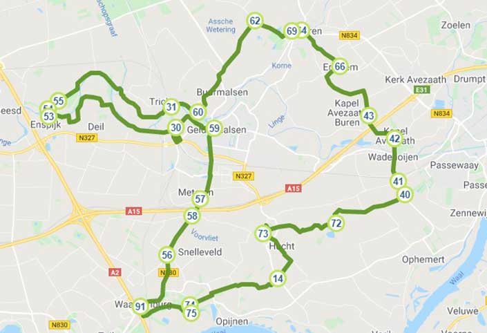 Fietsroute Historisch rondje West-Betuwe kaart.