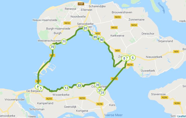 Kaart fietsroute Oosterscheldekering