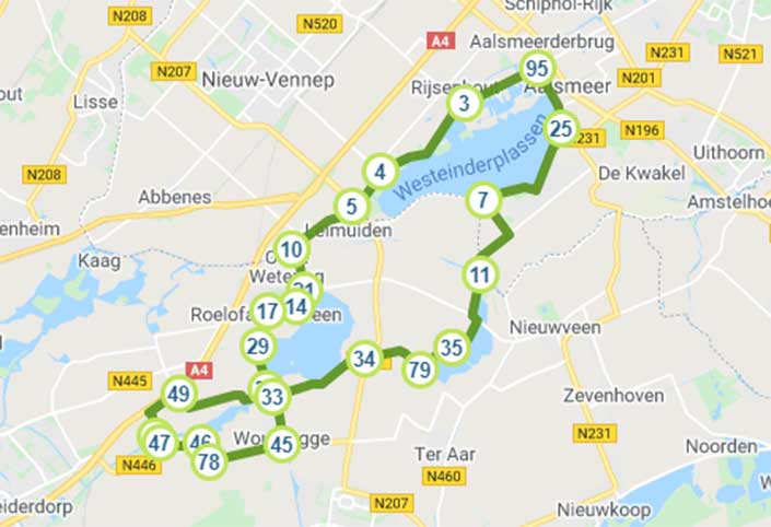 Fietsroute Het Braassemermeer en de Westeinderplassen kaart.