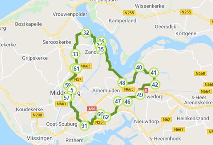 Fietsroute Historische stadhuizen op Walcheren kaart.