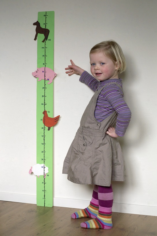 Zelfgemaakte mobile met houten boerderijdieren boven een kinderbedje.