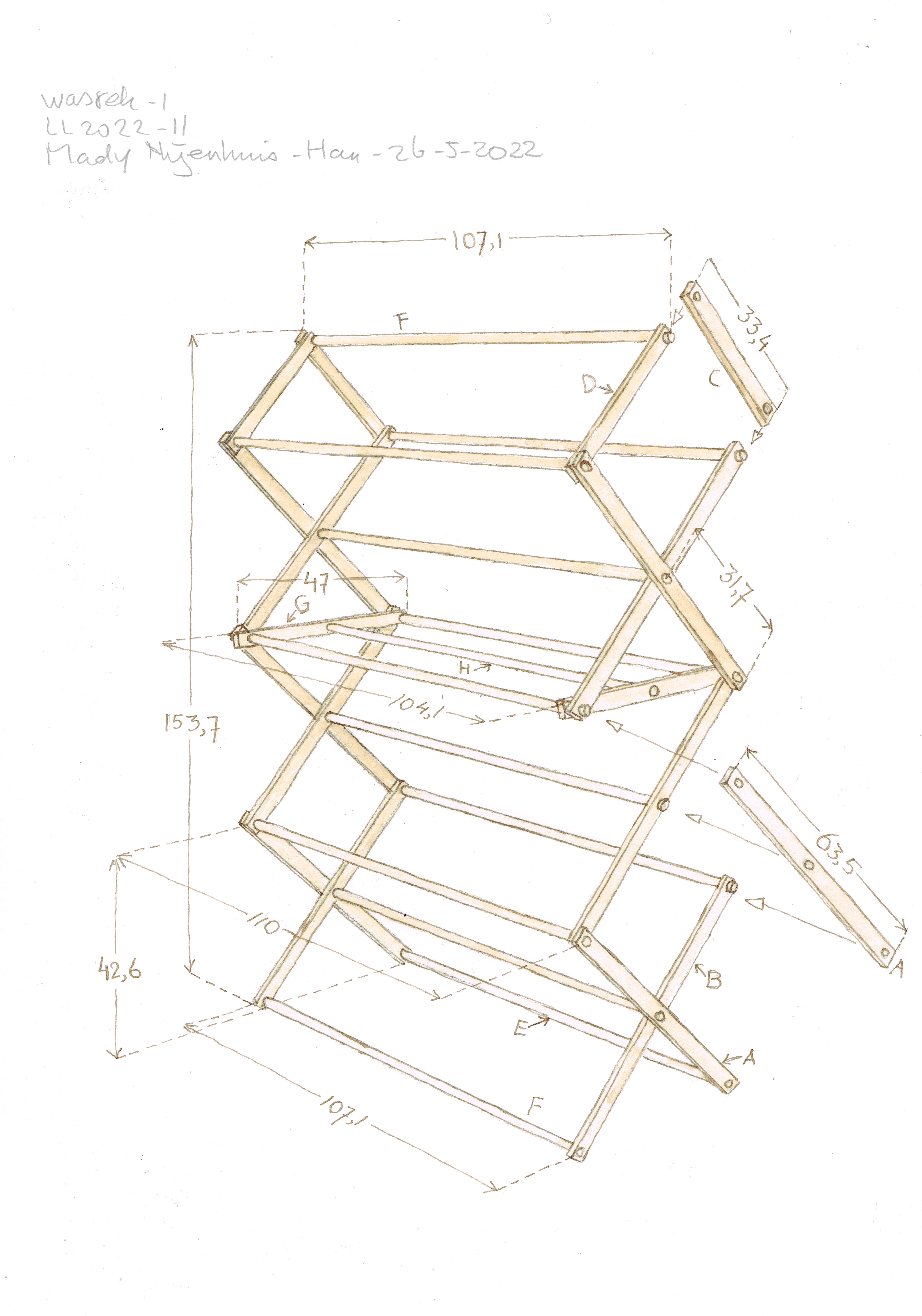 Werktekening van het wasrek.