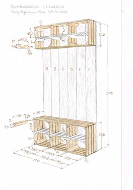 Werktekening van de fruitkistenkast.