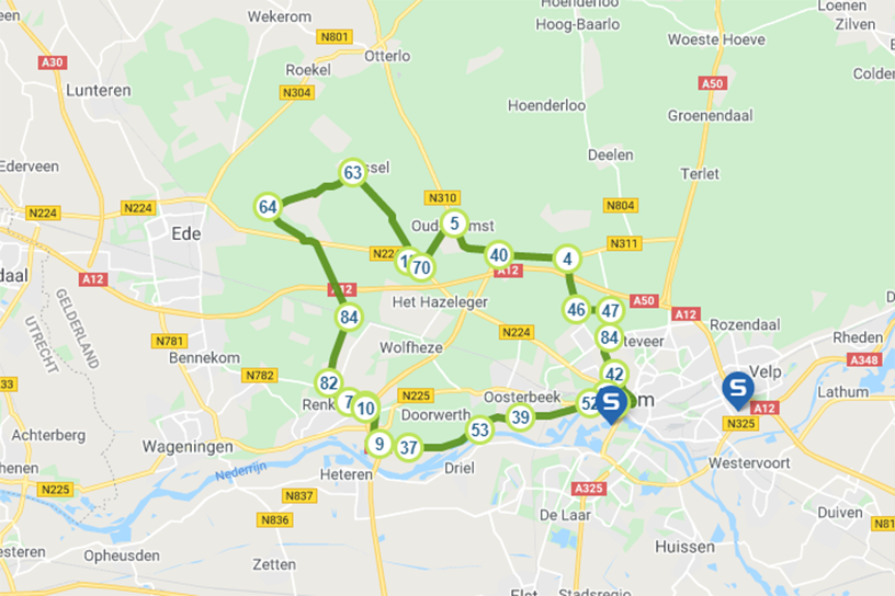 De fietsroute op de kaart ingezoomd