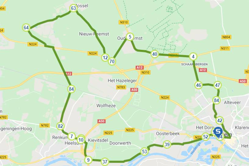 De fietsroute op de kaart ingezoomd